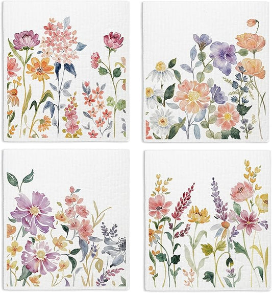 Swedish Dishcloths for Kitchen, Summer Flower Dish Rags Floral Kitchen Dish Towels for Washing Dishes, 4 Pack Reusable Paper Towels, Sponge Cloths for Home Cleaning Cooking Baking