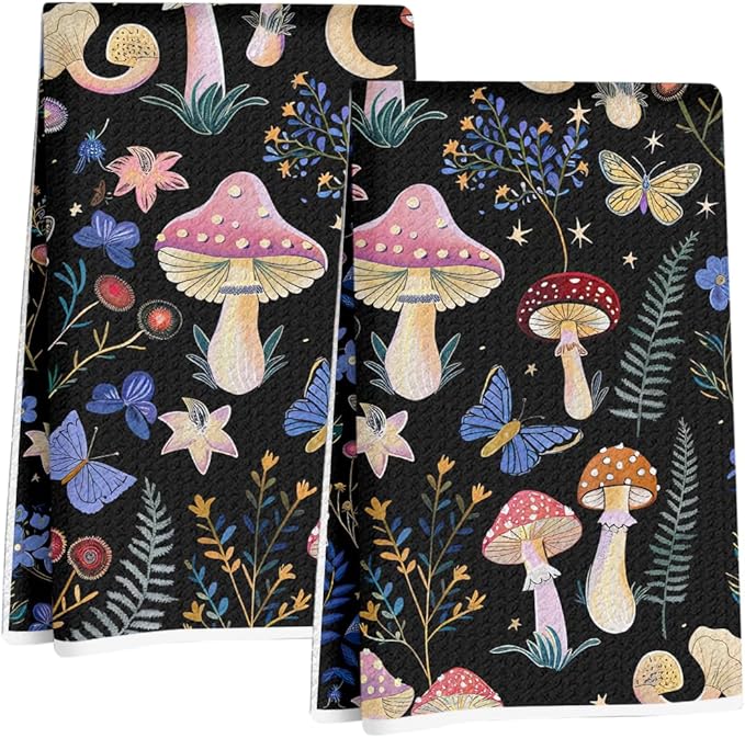 Jztco 2Pcs Boho Mushroom Kitchen Towels 24x14 Inch, Vintage Blue Floral Waffle Hand Towels for Kitchen Home Decor, Absorbent Microfiber Dish Cloth Tea Towel, Mushroom Gifts for Women Mom Grandma