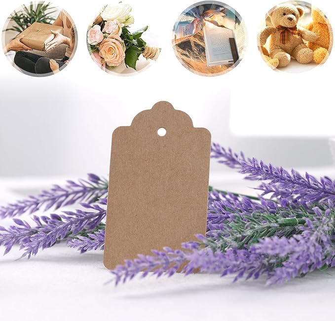 SallyFashion 120PCS Gift Tags with String Attached, 1.6 x 2.8 inch Kraft Paper Hang Tags for Clothes DIY Crafts Wedding Holiday (Brown)