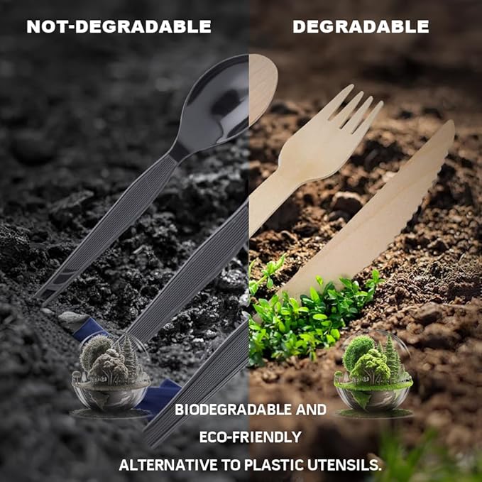 Wooden Compostable Utensils Set - 360 Pieces Wooden Cutlery Set Disposable (180 Forks, 60 Knives, 120 Spoons), Eco Friendly ＆ Plastic-free, 100% Biodegradable Utensil Bulk for Party