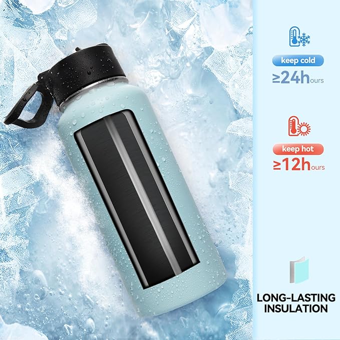 Neihepal 32 oz Insulated Water Bottles Bulk with 2 Lids (Straw & Spout Lid), Stainless Steel Double Wall Water Bottle, Keeps Cold 24H & Hot 12H (Fog,4 Pack)