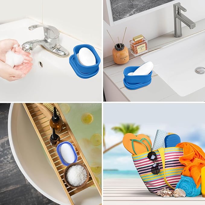 Leakproof Silicone Travel Soap Case with Drainage Layer, Silicone Bar Soap Holder Compact Portable Shatterproof Soap Container Box for Bathroom Gym Camp Travel Toiletries (KleinBlue, Drainage Lid)