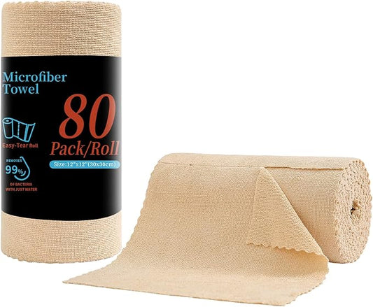 80 Pack Microfiber Cleaning Cloth Roll,Lint Free Rags & Tear Away Reusable Towels Washable Scratch,Ultra Absorbent Dish Rags(12" x 12") for Car Kitchen Home Garage-Apricot Yellow