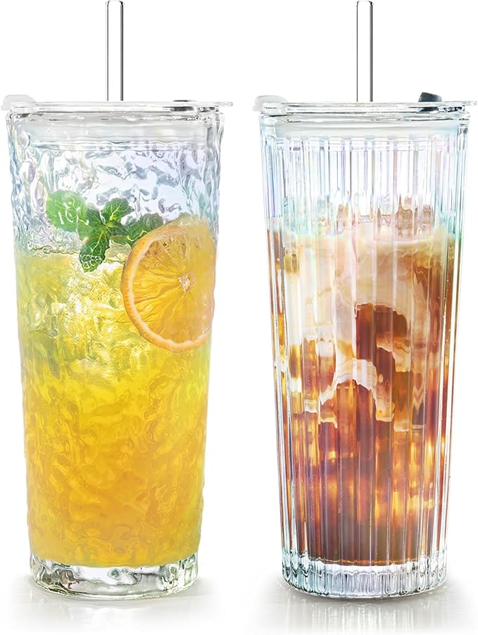 Puraville 2 Pack 18oz Glass Cups with Lids and Straws, Vintage Ribbed Striped Glacier Pattern Thickened Glassware for Whiskey Cocktail Beer, Mason Jar Drinking Glasses Tumbler Iced Coffee Cup, Rainbow