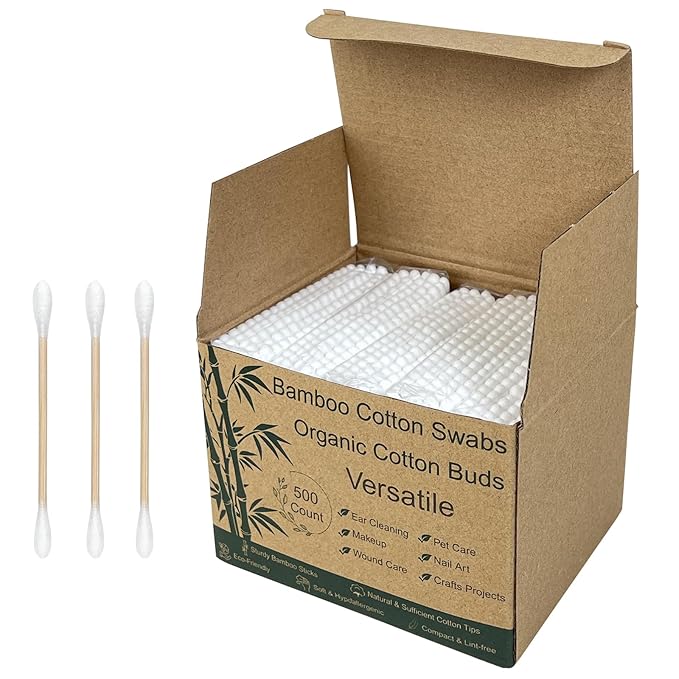 Bamboo Cotton Swabs (500 Count) – Sturdy Bamboo Sticks & Soft Cotton Tips – 100% Biodegradable Buds for Makeup & Ears – Hygienic Travel Packs