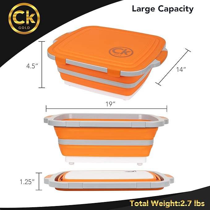New XL Collapsible BBQ Prep Tub wtih LOCKING Lid, Cutting Board & Drain Hole | BPA-Free, Food-Grade, Recyclable, Space-Saving Caddy for Grilling, Camping, Kitchen & Outdoor Cooking (Orange, 16 Liters)