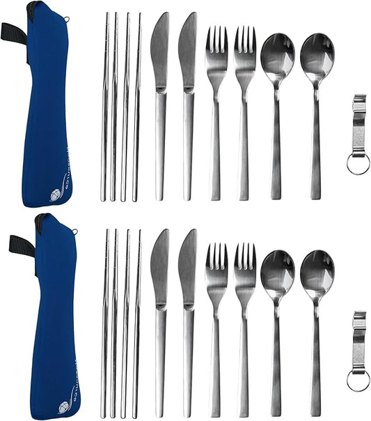 Travel Utensils With Case - Metal Camping Silverware Cutlery Set - Reusable & Portable Fork Knife Spoon Flatware & Chopsticks For Lunch Box, Backpacking (2 Cases)