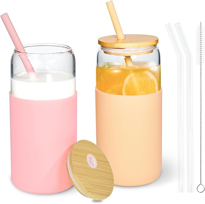 20oz Glass Tumbler with Lids and Straws Iced Coffee Glasses with Silicone Protective Sleeve Drinking Glasses Set of 2 for Juice Beer Smoothie(Pink & Apricot)