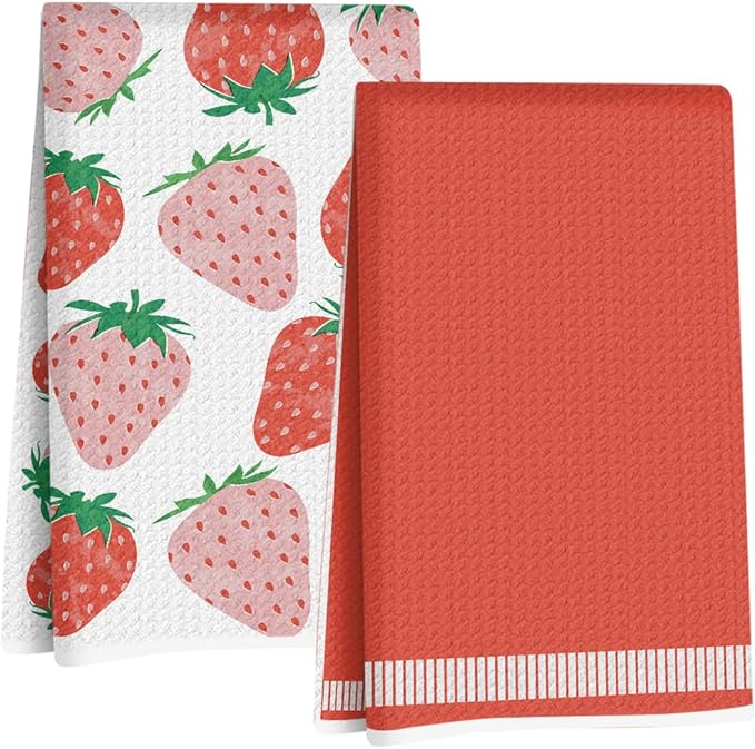 Jztco 2Pcs Strawberry Kitchen Towels 24x14 Inch, Summer Fruits Waffle Weave Hand Towels for Kitchen Home Decor, Red Absorbent Microfiber Dish Cloth Tea Towel, Strawberry Gifts for Women Mom Grandma