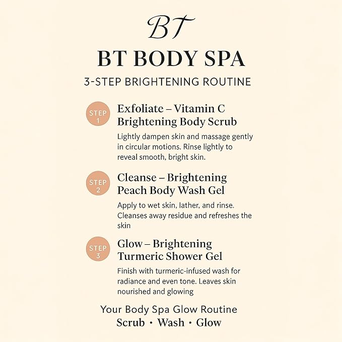 BT Body Spa Vitamin C Body Scrub Set – Brightening Exfoliating Scrub, Peach Body Wash & Turmeric Shower Gel for Smooth, Even-Tone Skin