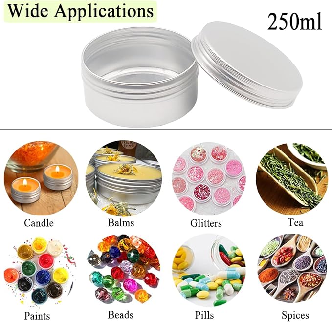 4pack 250 ml Silver Lip Balm Tin Cans, 250g Mini Aluminum Makeup Sample Containers with Screw Lid, Empty Metal Tins Pot Storage Travel Jars for Cosmetic Cream Candle Tea, 250 Gram Small Tins