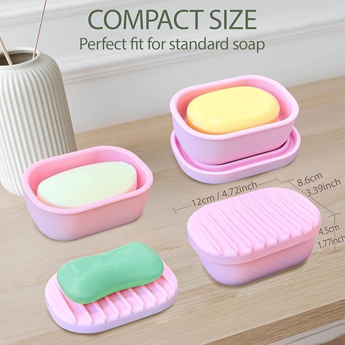 Leakproof Silicone Travel Soap Case with Drainage Layer, Silicone Bar Soap Holder Compact Portable Shatterproof Soap Container Box for Bathroom Gym Camp Travel Toiletries (Pink, Drainage Lid)