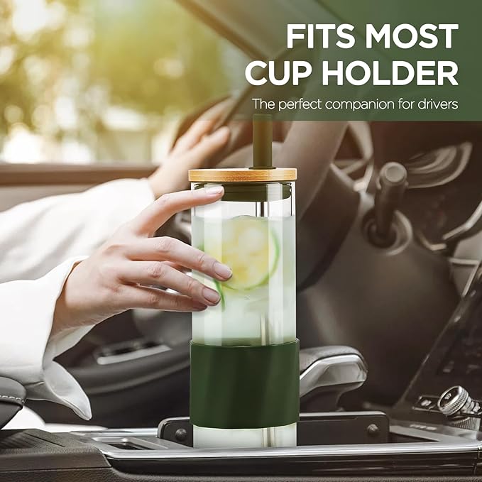 Glass Cups With Lids and Straws, 20oz Reusable Iced Coffee Cup, Olive Glass Tumbler with Silicone Sleeve, Perfect for Fruity Drinks, Iced Tea, or Smoothies