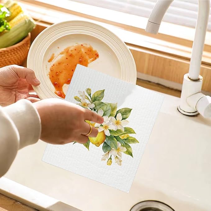 Swedish Dishcloths for Kitchen, Papaya Reusable Paper Towels Washable, Summer Lemon Swedish DishCloths for Friut, 4 Pack Dish Towels for Kitchen, No Odor Cleaning Cloths