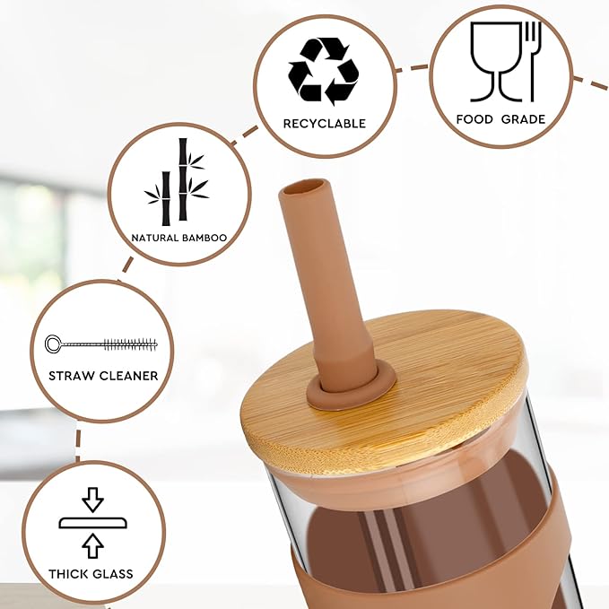 Tronco 22oz Glass Tumbler with Bamboo Lid and Straw, Reusable Iced Coffee Cup for Boba Tea, Smoothies & Cold Drinks, Spill-Proof Glass Cup with Silicone Sleeve, Dishwasher Safe, BPA-Free (Pack of 1)
