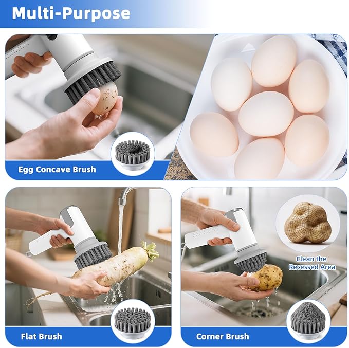 Electric Egg Cleaner Brush – Egg Washer for Fresh Eggs & Vegetable Brush with Battery Level Display,2 Speed Settings,3 Replaceable Heads,IPX7 Waterproof,Ideal for Tough-Skinned Vegetables