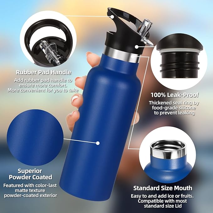 Volhoply 17oz Insulated Water Bottles Bulk 4 Pack,Stainless Steel Kids Water Bottle with Straw Lid,Reusable Sports School Flask Keep Cold (Navy,4 Set)