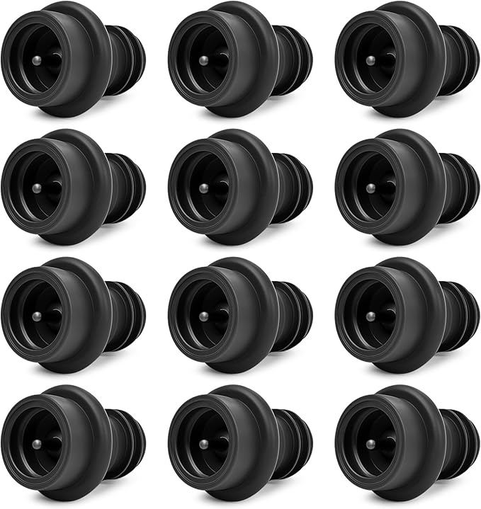 12-Pack Wine Vacuum Stoppers, Reusable Silicone Wine Saver Preserver, Air Seal to Keep Wine Fresh, Universal Black Bottle Sealer Set for Red & White Wine