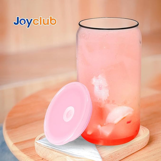 Joyclub 4 Pack Acrylic Lids for 16 oz Glass Cups with Bamboo Lids and Straws Reusable Iced Coffee Cup Beer Can Drinking Glasses for Smoothie Whiskey Boba Soda Tea Gift (Pink)