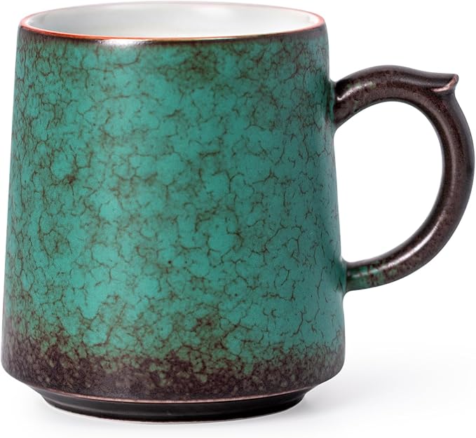 15oz Peacock Green Kiln-Change Ceramic Coffee Mug, 1340℃ High-Fire Unique Glaze Tea Cup - Lead-Free, Microwave Safe, Handcrafted Gift for Coffee/Tea Lovers