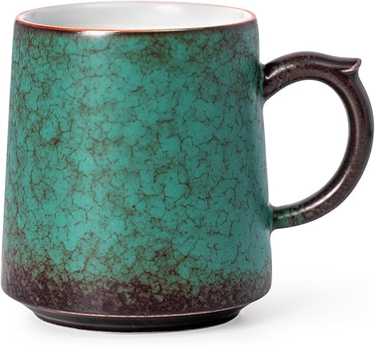 15oz Peacock Green Kiln-Change Ceramic Coffee Mug, 1340℃ High-Fire Unique Glaze Tea Cup - Lead-Free, Microwave Safe, Handcrafted Gift for Coffee/Tea Lovers