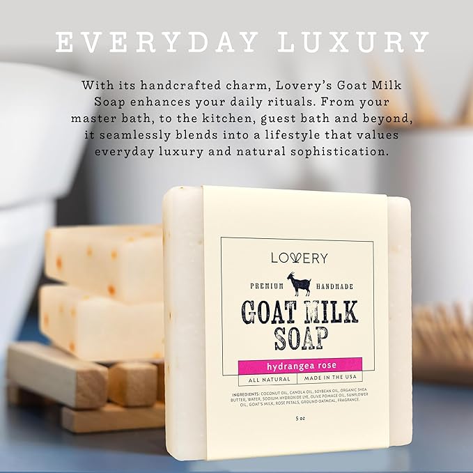 LOVERY (3-Pack Goat Milk Soap Handmade Made in USA with Organic Shea Butter - Hydrangea Rose Goats Soap Bar - All Natural Soap Bar Made with Organic Goat Milk