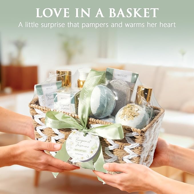 Christmas Birthday Gifts for Women, Bergamot Jasmine Relaxing Spa Gift Baskets for Women Self Care Package Bath Gift Set, Home Bath and Body Kit Pampering Gifts for Womens Mom Her Friends Sister Wife
