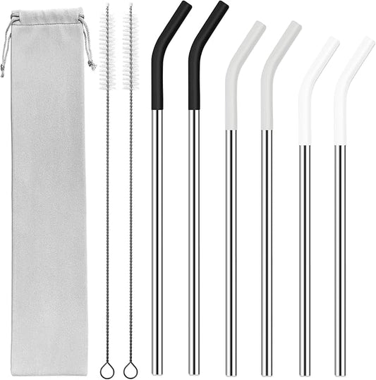 20 30 40 oz Stainless Metal Straws for Stanley Tumbler, 6Pcs Reusable Straight Long Steel Straws With 12 Silicone Tips and 2 Cleaning Brushes (3Color1, 20 30 40oz)
