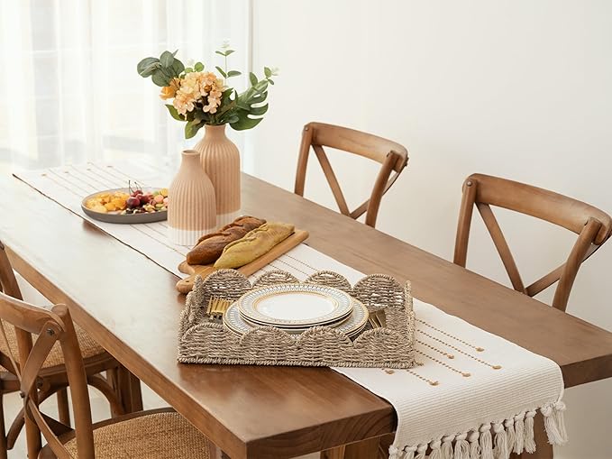 StorageWorks Rectangle Wicker Scalloped Tray, Rattan Serving Trays with Handles, Seagrass Basket for Decorative & Organizing, 15.75" L x 11.5" W x 2.75" H