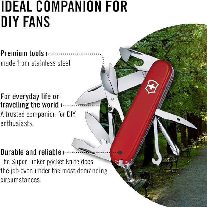 Victorinox Super Tinker Swiss Army Knife, 14 Function Swiss Made Pocket Knife with Large Blade, 2 Screwdrivers and Multipurpose Hook - Red
