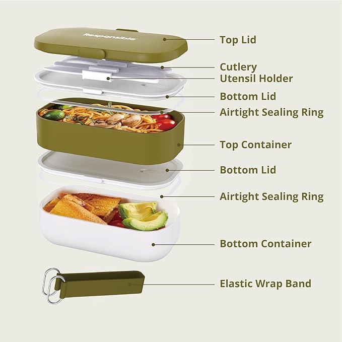 Responsible Products Leak Resistant Bento Box with Tableware for Adult - Teens, Insulated Lunch Box for Women - Men - Girls - Boys, BPA Free, Dishwasher Safe, Microwave Safe, Freezer Safe, 46 oz