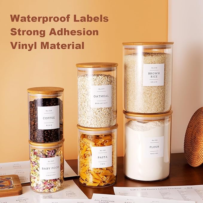 Set of 6 Glass Flour and Sugar jars with 132 Kitchen Pantry Labels - Thicken Large Glass Storage containers with Airtight Bamboo Lid - Rice Canisters for Salt Coffee(100OZ/54OZ/27OZ)