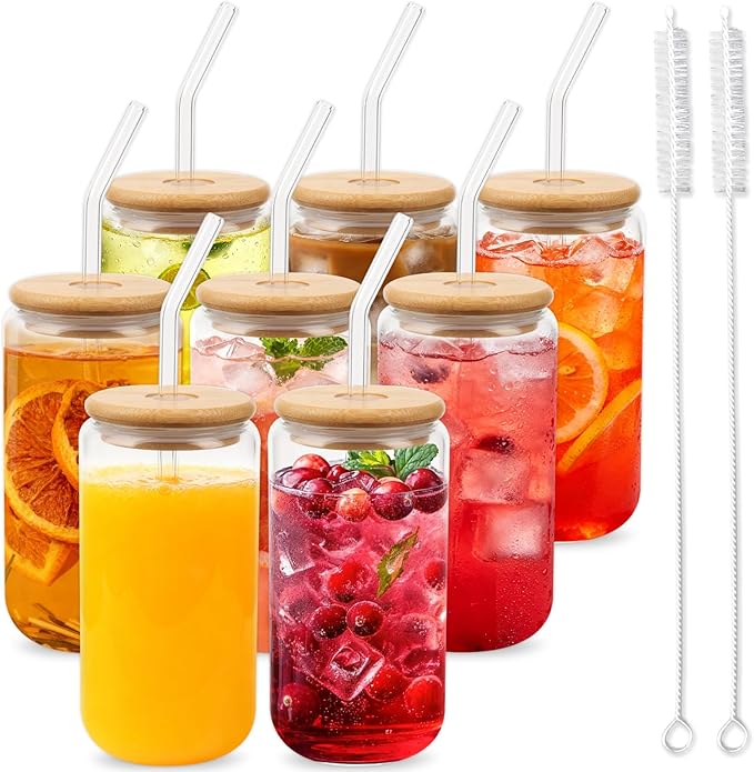 Glass Cups with Lids and Straws 16 oz, 8-Pack Borosilicate Glass Tumbler with Bamboo Lids & Glass Straws, for Iced Coffee, Bubble Tea, Beer, Reusable Drinking Glasses Set Include Cleaning Brush