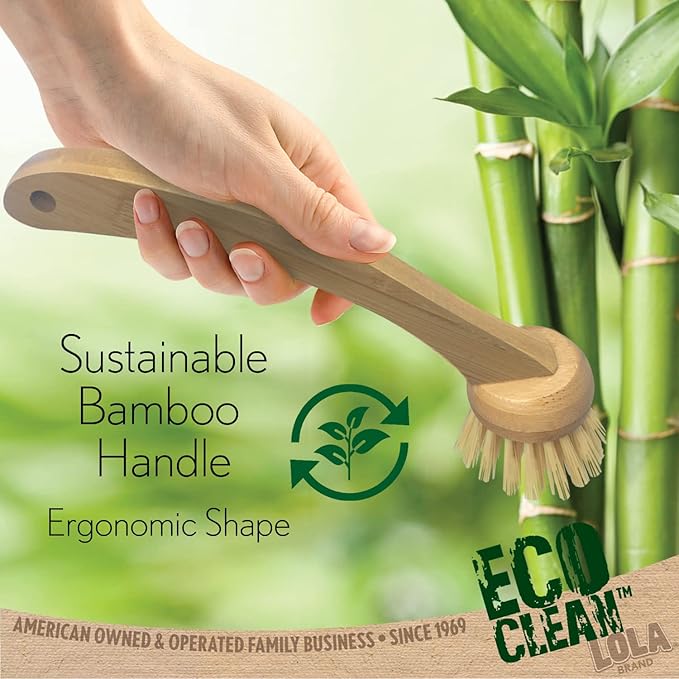LOLA Eco Clean Bamboo Dish Brush, 6 Pack, Multi Purpose, Sustainable Ergonomic Renewable Bamboo Handle, Fibers are Recycled Soda/Water Bottles