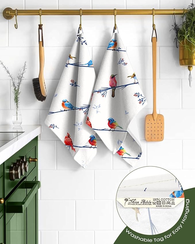 Flour Sack Kitchen Towels Set of 2-18x26 Cotton Dish Towels with Hanging Loop Reusable Tea Towel for Cleaning Spring Absorbent Dishcloths Cute Home Decor Housewarming, Watercolor Bird