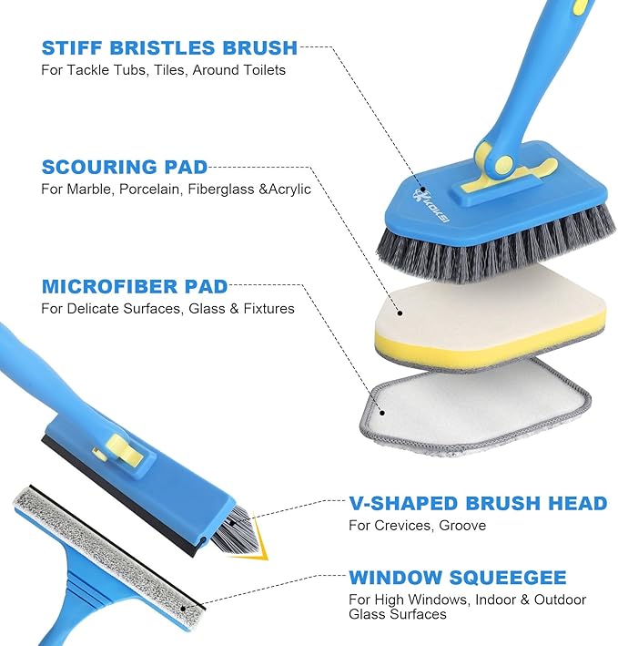 Extendable Cleaning Brush 51" with Stiff Bristles, Scouring Pad, Microfiber Pad, V-Shape Scrub Brush & Squeegee for Bathroom, Shower & Tile Cleaning