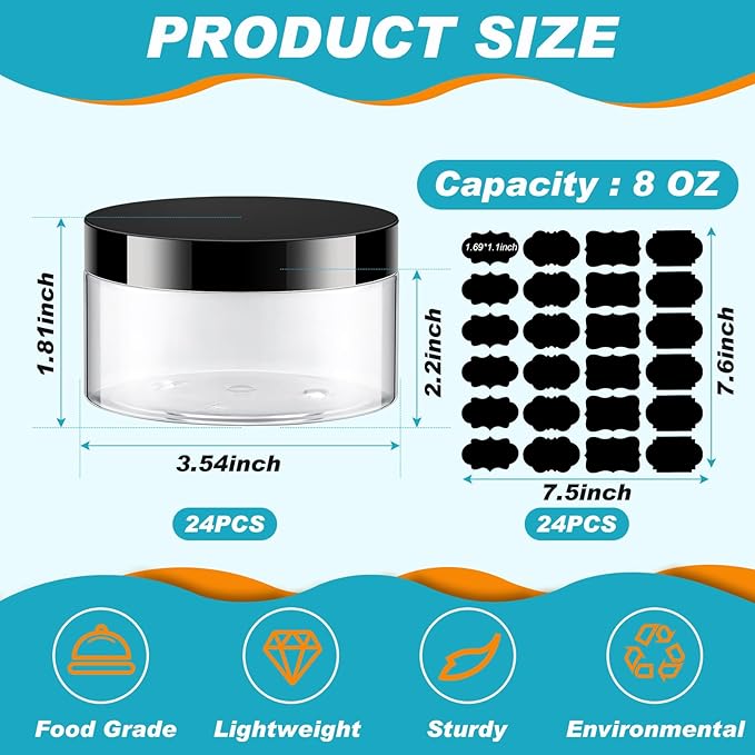 Dandat 24 Pcs 8 oz Plastic Jar Container with Lid and Label Refillable Empty Round Clear PET Cosmetic Sample Containers for Lotion, Cream, Ointments, Body Butter, Makeup, Travel Storage
