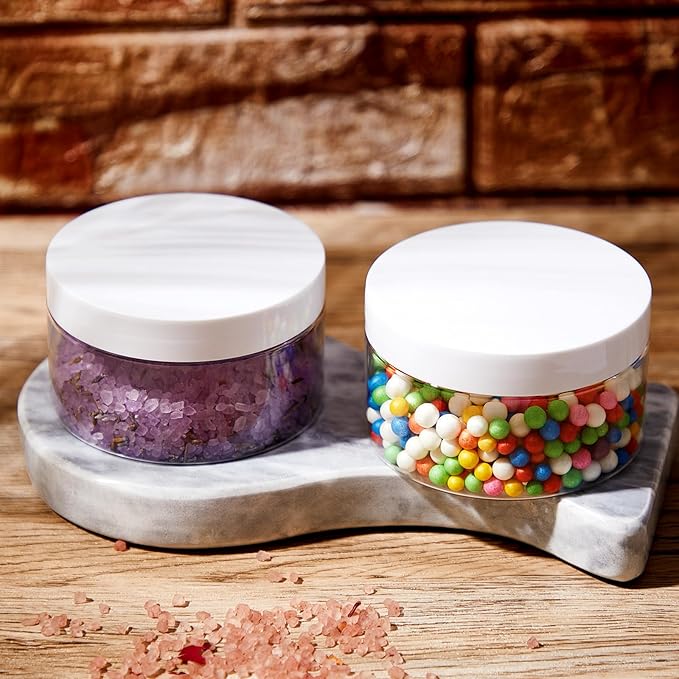 Dandat 24 Pcs 8 oz Plastic Jar Container with Lid and Label Refillable Empty Round Clear with White PET Cosmetic Sample Containers for Lotion, Cream, Ointments, Body Butter, Makeup, Travel Storage