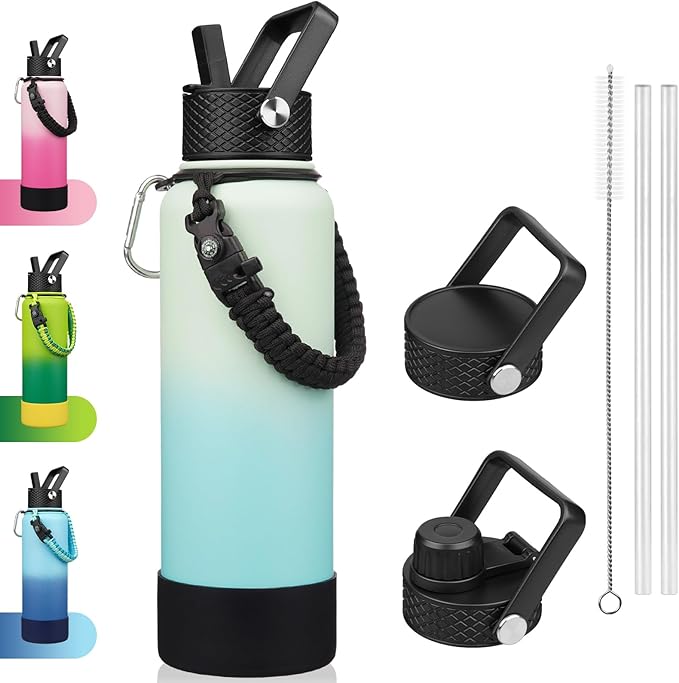 BJPKPK Insulated Water Bottle with Straw Lid, 40oz Large Thermal Flasks with 3 Lids, Paracord Handle & Non-slip Boot, BPA Free Leak Proof Stainless Steel Metal Water Bottles, Tumblers, Cups,Mint