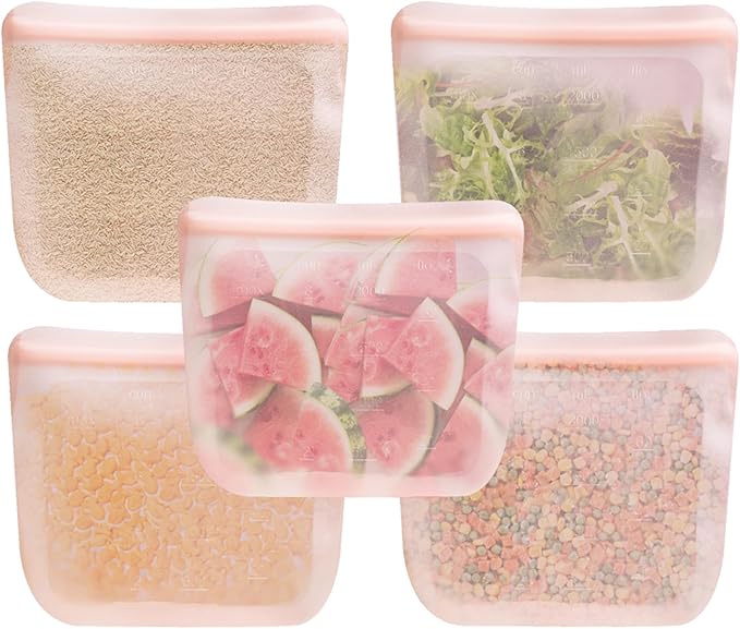purifyou Set of 5 Reusable Silicone Storage Snack Bags 6oz / 16oz / 32oz / 64oz Self-Seal Food Storage Container for Fruits, Vegetables, Sandwiches, Dishwasher Safe & Leak-free (CloudPink, 64oz)