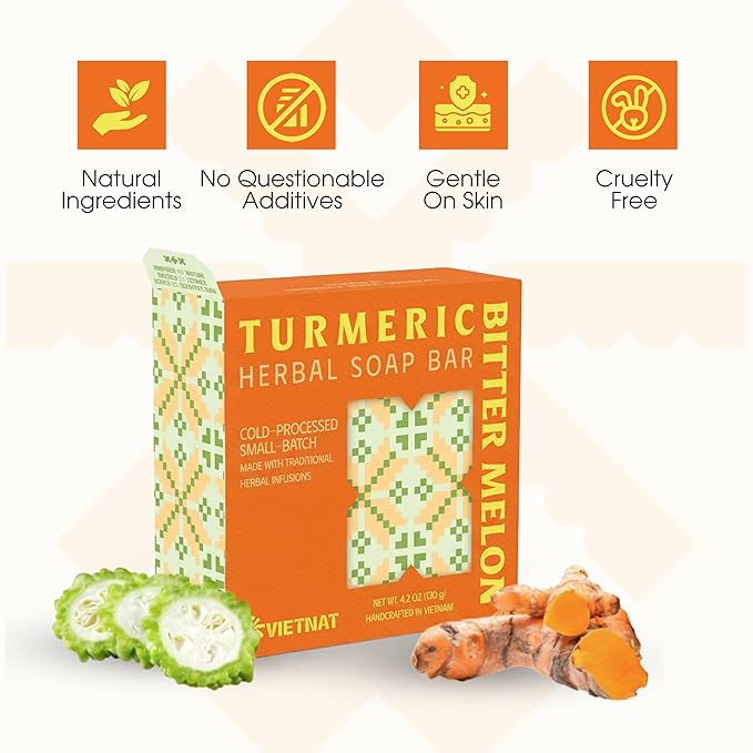 Turmeric & Bitter Melon Soap Bar (Pack of 5) – Cold Process Handmade Soap, 2-in-1 Cleansing & Refreshing Body Bar with Vietnamese Herbs, Plant-Based Formula