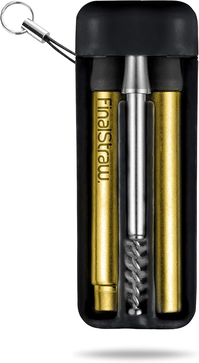 FinalStraw Collapsible, Reusable, Metal Straw | Travel Case, Cleaning Tool | Easy to Clean | Stainless Steel and 100% Silicon Tips | Eco-Friendly | Pirate's Booty Black Case, Gold Stainless Steel