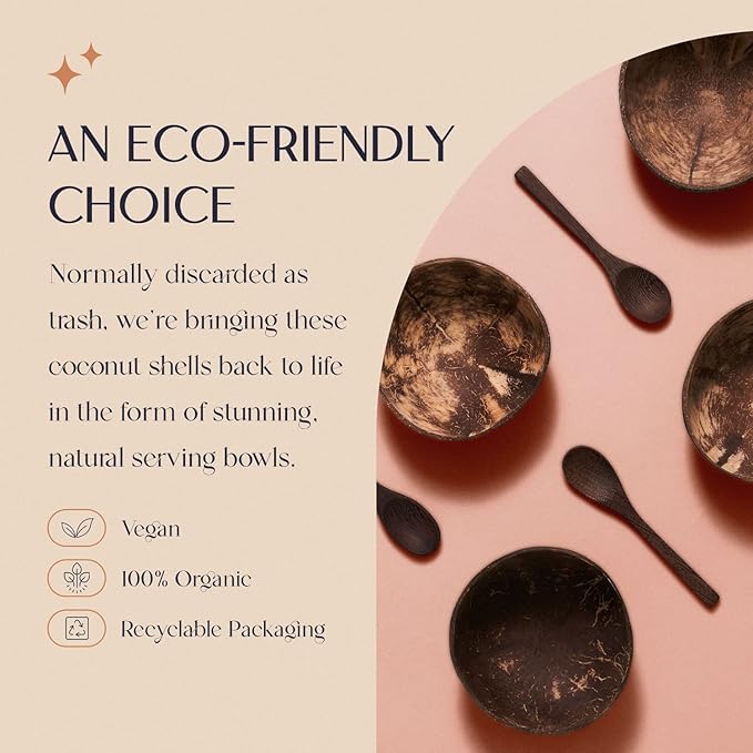 Coconut Bowl Set with Wooden Spoons –White Elephant Gifts For Adults, Christmas Gifts. Eco-Friendly Acai Bowls, Yogurt Bowls & Smoothie Bowl – Ideal for Ninja Creami (4, Natural)