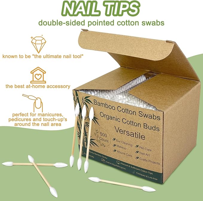 500 Precision Tip Bamboo Cotton Swabs – Biodegradable & Organic Cotton Buds with Precision Tips – Eco-Friendly Wooden Swabs for Makeup, Cleaning, Crafts, and Baby Care