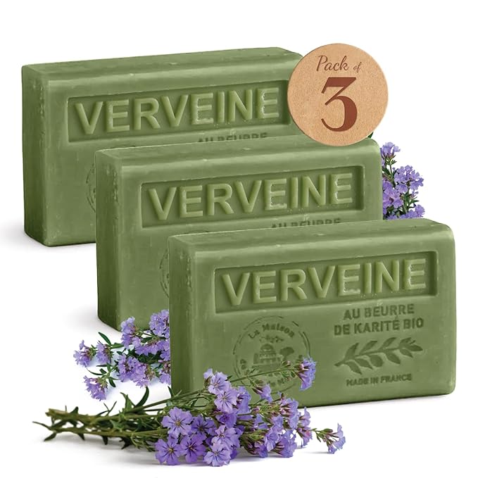 Hand & Body Soap Bars Trio - Verbena Moisturizing French Soap with Organic Shea Butter - Rich Creamy Lather - 97% Natural Ingredients - Solid Bath Cleanser Made in Provence - 3x4.4 oz