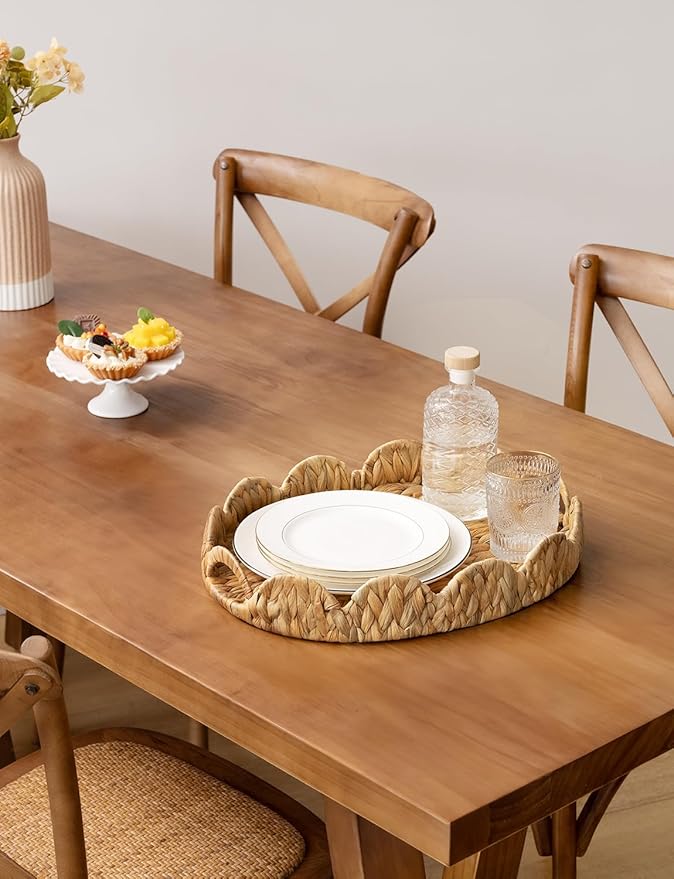 StorageWorks Elliptical Wicker Scalloped Tray, Rattan Serving Trays with Handles, Water Hyacinth Basket for Decorative & Organizing, 16.5" L x 13" W x 2.8" H