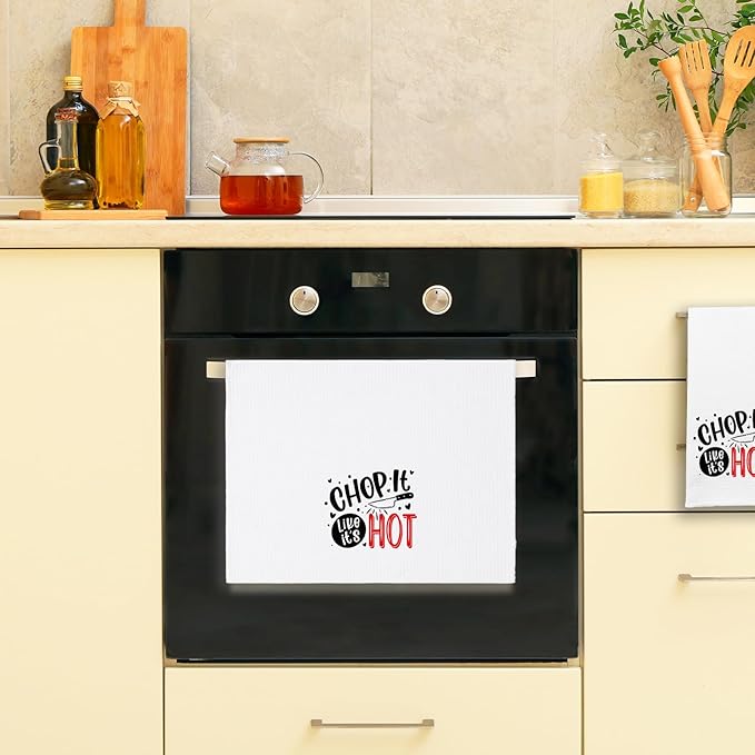 Funny Chop It Like It's Hot Dish Hand Towel - 16" x 24" Microfiber Waffle Weave Kitchen Towel - Humorous Sayings - Gift for Women, Men, Friends