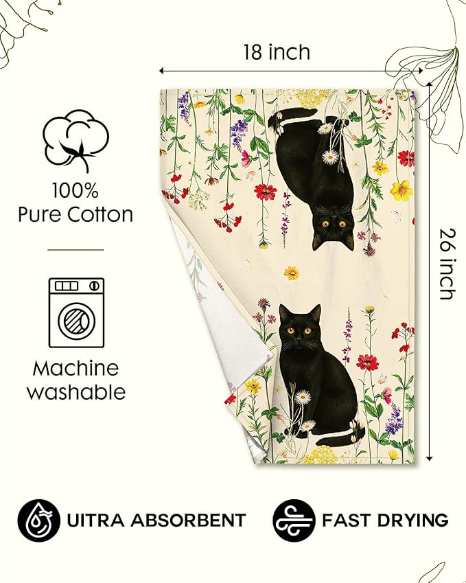 Flour Sack Kitchen Towels Set of 2-18x26 Cotton Dish Towels with Hanging Loop Reusable Tea Towel for Cleaning Spring Absorbent Dishcloths Cute Home Decor Housewarming, Retro Cats Floral