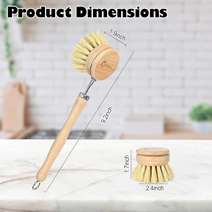 Bamboo Dish Brush with Handle 4 Replacement Heads, Eco-Friendly Potato Scrubber, Compostable & Sustainable, Bamboo Dish Scrubber Brush for Cleaning Kitchen Utensils(Soft Bristles)