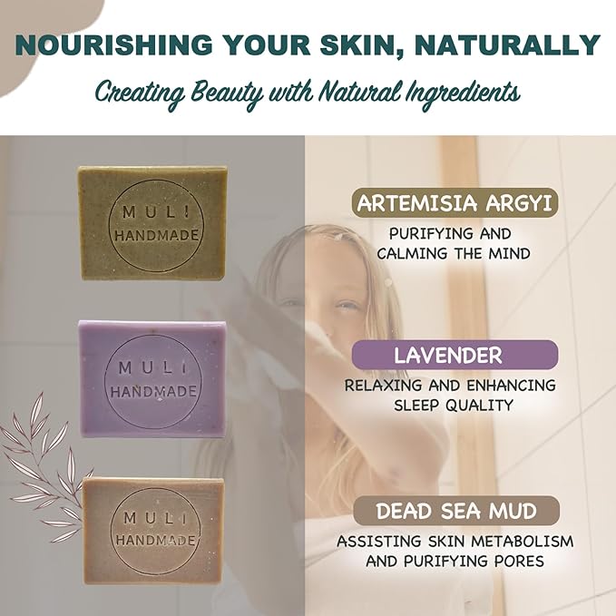 Natural Handemade Bar Soap for Men and Women with Essential oils, Scented Bar Soaps for Bath, Fragrance Gift Set (Pack of 6) Comfrey, Rose Marseille, Calendula, Dead Sea Mud, Artemisia Argyi, Lavender